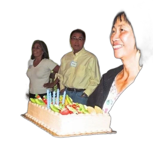 staff, 3d render, photorealistic, woman, holds, birthday, cake, candles transparent PNG cut-out