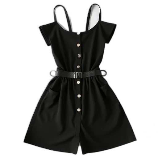 dress, monochrome, dark, black, sleeveless, button-up, fitted, bodice transparent PNG cut-out