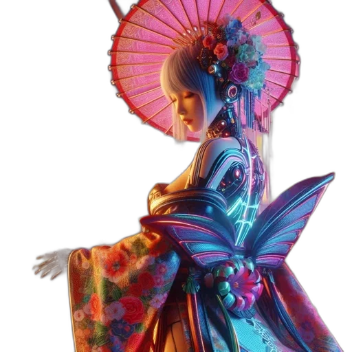 dress, umbrella, staff, crown, concept art, fantasy art, 3d render, vaporwave transparent PNG cut-out