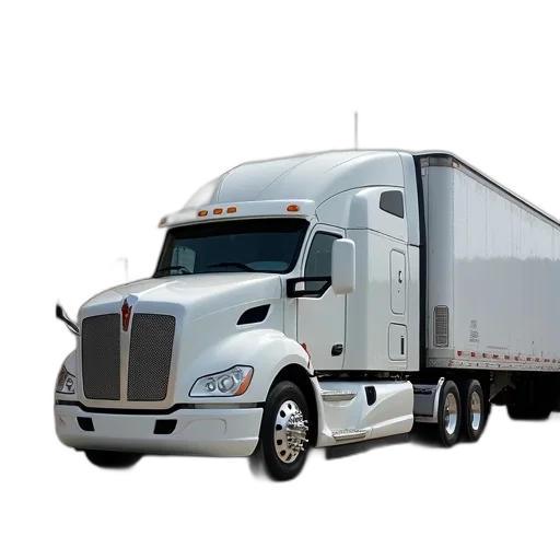 photorealistic, 3d render, concept art, white, semi-truck, parked, front, building transparent PNG cut-out