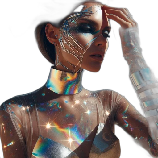 robot, jewelry, dress, mask, cyberpunk, concept art, 3d render, fantasy art transparent PNG cut-out