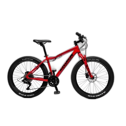 red, mountain, bike, black, accents, seat, displayed, against transparent PNG cut-out