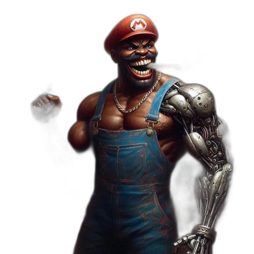 robot, concept art, comic book art, fantasy art, photorealistic, muscular, gun-wielding, mario transparent PNG cut-out