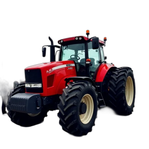 red, tractor, large, black, tires, parked, gravel, surface transparent PNG cut-out