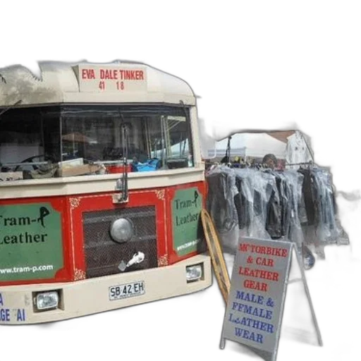 photorealistic, 3d render, concept art, vintage, tram, words, leather, parked transparent PNG cut-out
