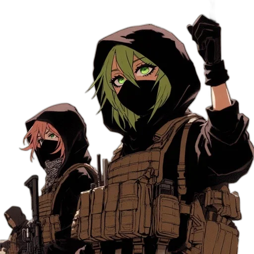 weapon, mask, jacket, concept art, comic book art, cyberpunk, anime, green transparent PNG cut-out