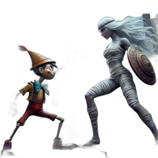 concept art, fantasy art, comic book art, 3d render, blue, pastel, pinocchio-like, figure transparent PNG cut-out