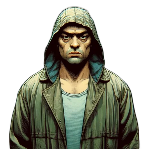 jacket, face, comic book art, concept art, cyberpunk, photorealistic, green, hooded transparent PNG cut-out