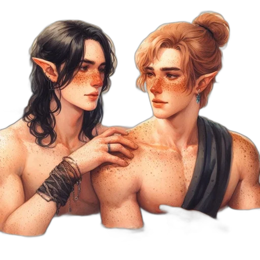 fantasy art, concept art, watercolor, pixel art, golden, two, elven, characters transparent PNG cut-out