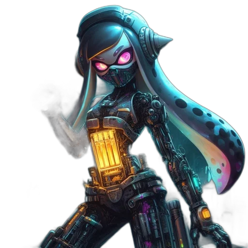 robot, weapon, staff, cyberpunk, concept art, fantasy art, pixel art, dark transparent PNG cut-out