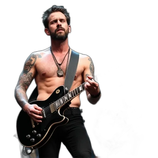 shirtless, male, musician, tattoos, playing, electric, guitar, stage transparent PNG cut-out