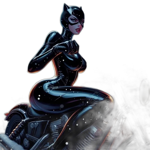 comic book art, concept art, fantasy art, catwoman, rides, motorcycle, through, snowy transparent PNG cut-out