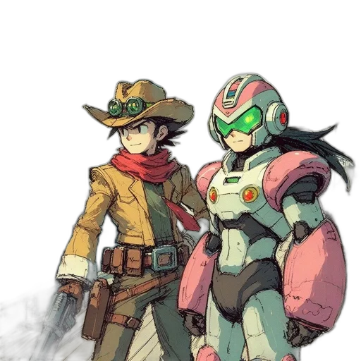 robot, jacket, weapon, hat, concept art, watercolor, comic book art, anime transparent PNG cut-out