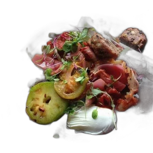 food, photorealistic, plate, tomatoes, greens, dollop, white, sauce transparent PNG cut-out