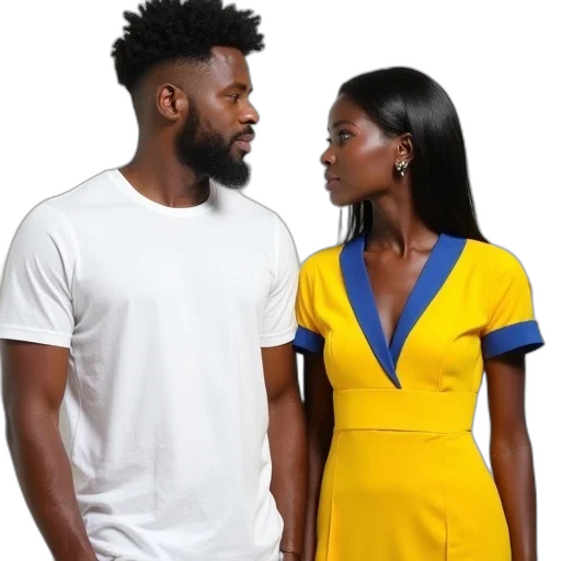 dress, man, white, t-shirt, woman, yellow, blue, accents transparent PNG cut-out