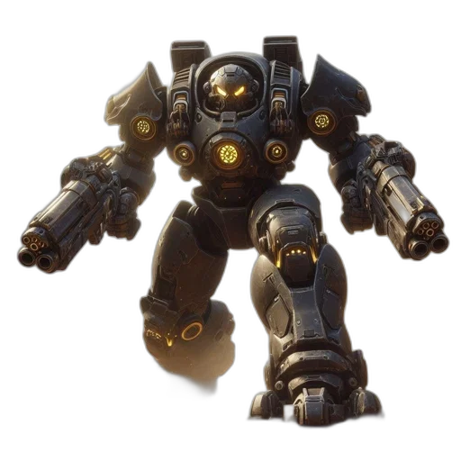 robot, weapon, creature, concept art, 3d render, fantasy art, golden, imposing transparent PNG cut-out