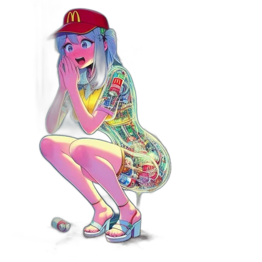 dress, hat, cartoon, concept art, vaporwave, pixel art, neon lights, fire transparent PNG cut-out