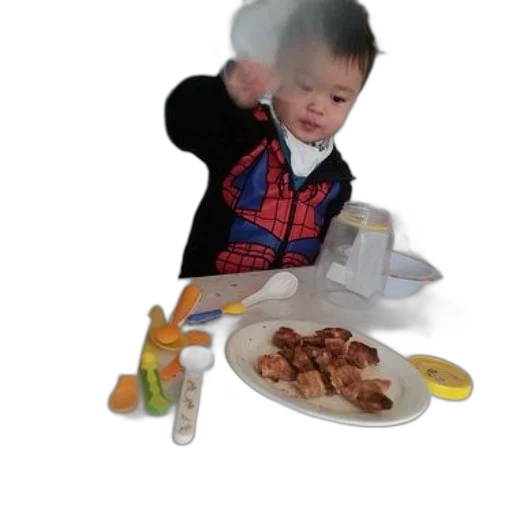 food, jacket, robot, creature, young, child, spider-man, sitting transparent PNG cut-out