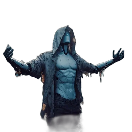 jacket, creature, mask, concept art, cyberpunk, fantasy art, pixel art, blue transparent PNG cut-out