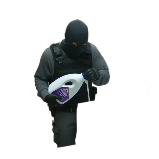 mask, jacket, weapon, hat, person, gray, outfit, wearing transparent PNG cut-out