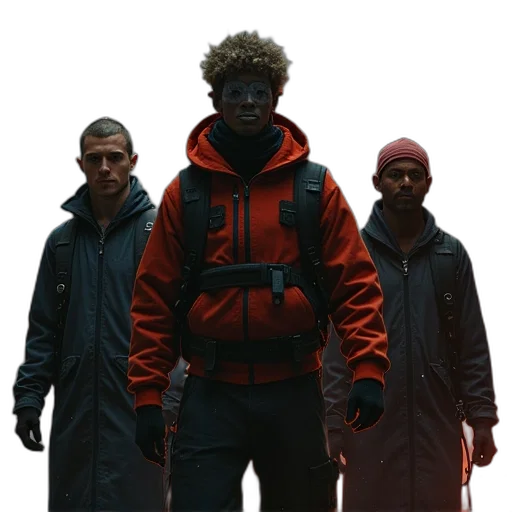 jacket, staff, face, mask, concept art, cyberpunk, snow, fire transparent PNG cut-out