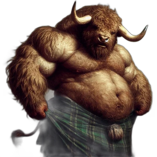 animal, concept art, fantasy art, photorealistic, muscular, bull-like, humanoid, wearing transparent PNG cut-out