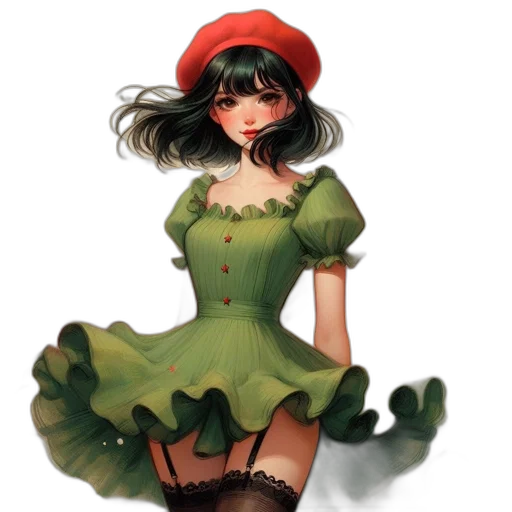 dress, hat, staff, concept art, fantasy art, pixel art, photorealistic, green transparent PNG cut-out