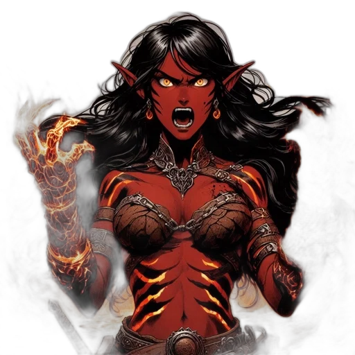 comic book art, fantasy art, concept art, pixel art, fire, red, fierce-looking, female transparent PNG cut-out