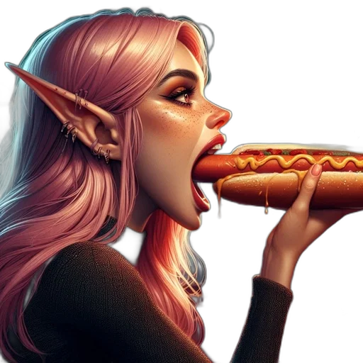 food, fantasy art, concept art, comic book art, photorealistic, pink-haired, elf-like, character transparent PNG cut-out
