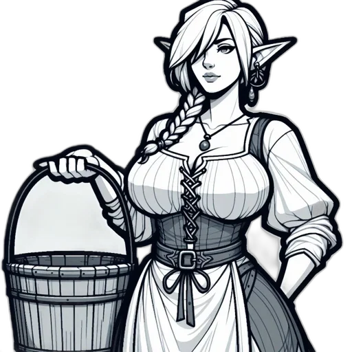 dress, concept art, fantasy art, pixel art, comic book art, monochrome, elf-like, female transparent PNG cut-out