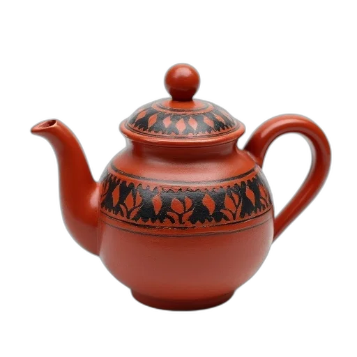 photorealistic, 3d render, traditional, clay, teapot, red, black, patterned transparent PNG cut-out