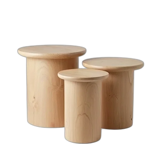 furniture, 3d render, set, three, round, wooden, tables, smooth transparent PNG cut-out