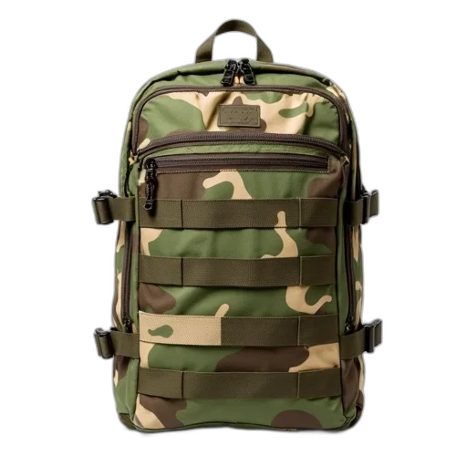 jacket, weapon, 3d render, camouflage, backpack, pattern, green, brown transparent PNG cut-out