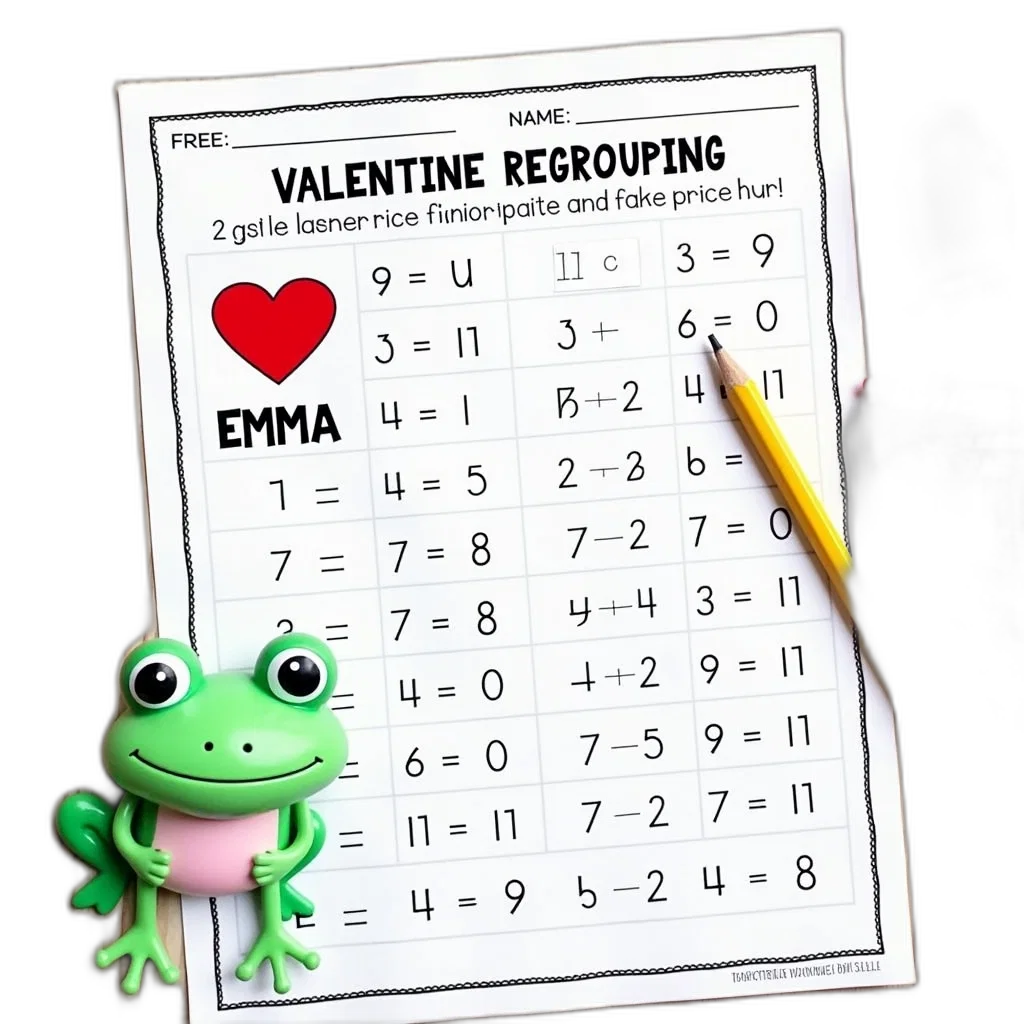 valentine, day-themed, worksheet, heart-shaped, frog, name, emma, placed transparent PNG cut-out