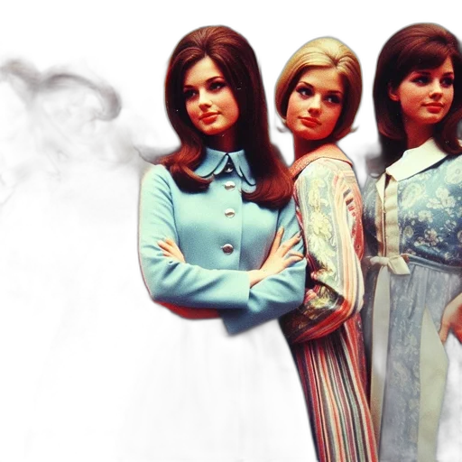 3d render, concept art, photorealistic, comic book art, pastel, five, women, 1960s transparent PNG cut-out