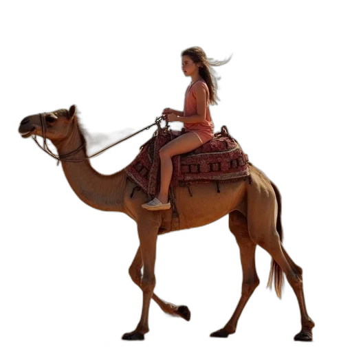 concept art, photorealistic, 3d render, fantasy art, young, girl, riding, camel transparent PNG cut-out