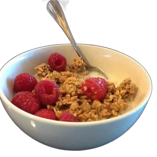 food, white, bowl, filled, granola, fresh, raspberries, sits transparent PNG cut-out