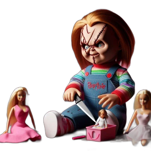 3d render, concept art, menacing, doll, scarred, face, wearing, multicolored transparent PNG cut-out