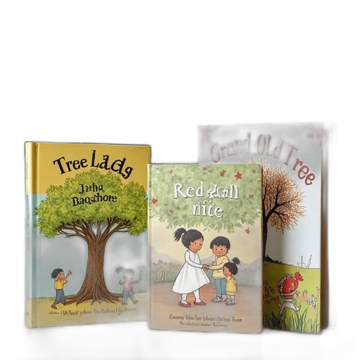 collection, children, books, displayed, surface, tree, branch, leaves transparent PNG cut-out
