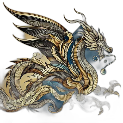 dragon, fantasy art, concept art, watercolor, anime, golden, blue, earth tones transparent PNG cut-out