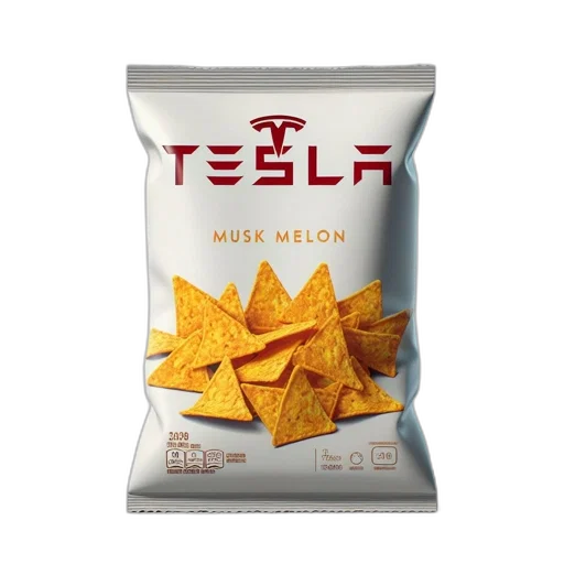 food, 3d render, photorealistic, humorous, image, tesla-branded, snack, bag transparent PNG cut-out