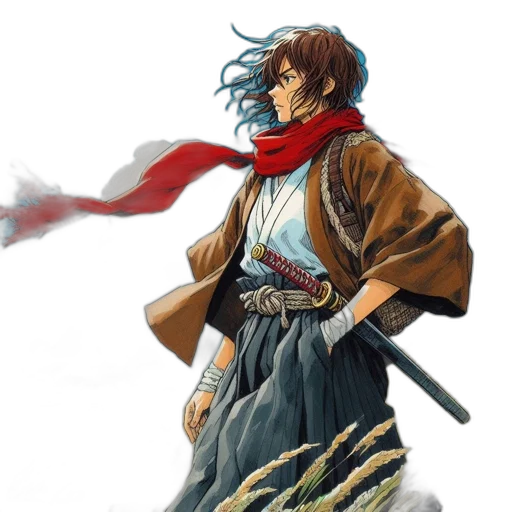 jacket, weapon, staff, sword, concept art, comic book art, fantasy art, watercolor transparent PNG cut-out