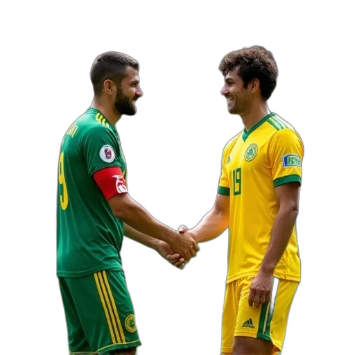 pixel art, two, soccer, players, green, yellow, uniforms, shaking transparent PNG cut-out