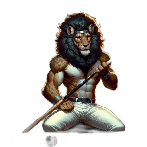 staff, fantasy art, concept art, pixel art, photorealistic, lion, mane, sits transparent PNG cut-out