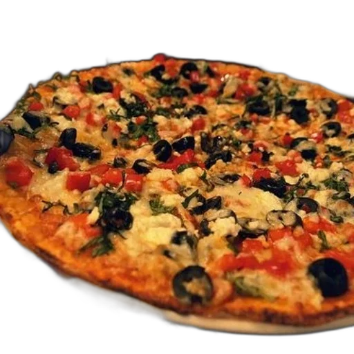 food, 3d render, photorealistic, delicious-looking, pizza, olives, tomatoes, cheese transparent PNG cut-out