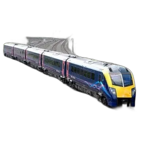 3d render, concept art, photorealistic, modern, passenger, train, blue, yellow transparent PNG cut-out