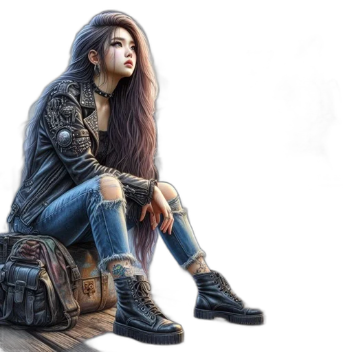 jacket, concept art, fantasy art, cyberpunk, photorealistic, dark, young, woman transparent PNG cut-out