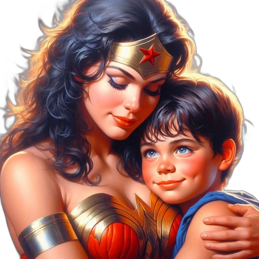 comic book art, photorealistic, concept art, wonder, woman, tenderly, cradles, young transparent PNG cut-out