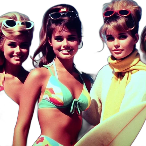 photorealistic, vaporwave, beach, neon, three, young, women, 1960s transparent PNG cut-out
