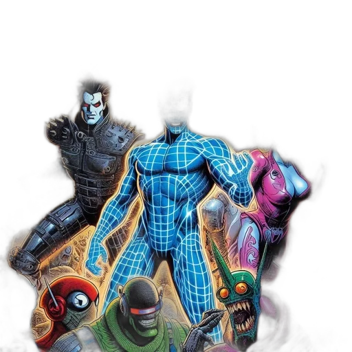 mask, jacket, comic book art, concept art, 3d render, fantasy art, blue, vibrant transparent PNG cut-out